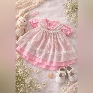 Vintage Mayfair Baby Girl Dress 3-6 Month Pink & Lace Sheer Overlay Heirloom 90s